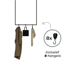 Hoya living - Kapstok 80cm - zwart metaal - met 8x leren S-haak hangers - vierkante stang 20mm - kapstok hangend