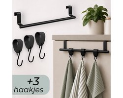 Hoya living - RVS Handdoekrek keukenkastje - VALI 36cm Zwart + 3x leren S-haak hanger handdoekhaakjes - Voor 3 handdoekjes - zonder boren