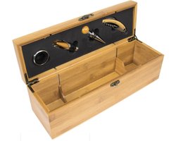 HR Goods | Compleet wijnset | Luxe Bamboe Wijnkist voor 750 ml Wijnfles | Inclusief Wijnopener, Flessenstop, Schenktuit & Druppelring | Perfect voor Sinterklaas, Vaderdag, Moederdag, Kerst & Verjaardagen | Exclusief Wijnfles