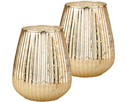 H&S Collection kaarshouder - 2x - goud - 15 x 13 cm - glas - theelichthouder/waxinelichthouder
