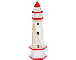 H&S Collection Maritieme decoratie beeldje Vuurtoren - Hout - 10 x 36 cm - rood/wit
