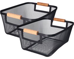 H&S Collection Opbergmand - 2x - met handgrepen - zwart - metaal - 31 x 22 x 14 cm - draadmand