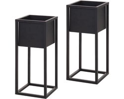 H&S Collection Plantenpot - 2x - zwart - op metalen standaard - 21 x 50 cm