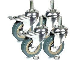 H&S meubels zwenkwielen set van 4 - Rubberen wielen 75 mm - Meubelwielen met dubbele kogellager zwenkkop en M10 schroefdraad - 2x wieltjes met rem