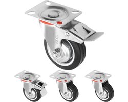 H&S zwenkwielen set van 4 - Rubberen wielen 75 mm - 2x wieltjes met rem - Meubelwielen met dubbele kogellager zwenkkop - Transportwielen voor meubels
