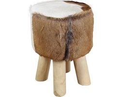 HSM Collection-Ronde Kruk Geitenhuid-ø33x45-Assorti/Naturel-Geitenhuid/Teak