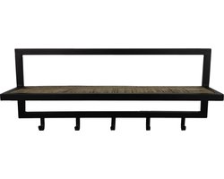 HSM Collection-Wandkapstok 5 Haken Met Plank-66x17x28-Naturel/Zwart-Acacia/Metaal
