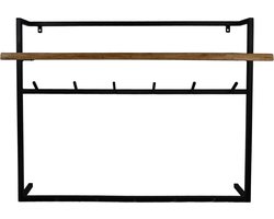 HSM Collection-Wandkapstok Met Plank 11 Haken-100x30x80-Naturel/Zwart-Acacia/Metaal