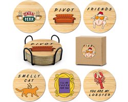 HSSPIRITZ 6-delige Friends kurken onderzetters voor drankjes, merchandise voor de Friends tv-show, grappige onderzettersset met onderzettershouder voor salontafel, theetafel en bar, theecadeaus