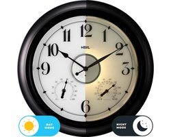 HSXL - 45cm - Industriële Quartz LED Wandklok met verlichting - Stil uurwerk - 45 cm Landelijke Klassieke Lichtgevende Zwarte Wandklok - Stille Binnen óf Buitenklok Zwart - Thermometer en Hygrometer - IP65 Waterdicht - Industrieel / Moderne Klok