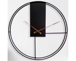 HSXL - 60cm Grote Stille Wandklok Landelijk en Industrieel uit Zwart Metaal met Houten Wijzers - Groot - 60 cm - Metalen Industriële Klok - Modern Minimalistisch Design
