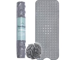 HSXL - Antislipmat - 100x40CM - Incl. Netspons - Antislip Douchemat / Badmat Grijs met Zuignappen – Mat voor in bad – Anti Slip Douche Cabine Mat – Mat voor in de Badkamer - Badkamer accessoires
