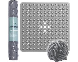 HSXL - Antislipmat - 53x53CM - Incl. Netspons - Antislip Douchemat Grijs met Zuignappen – Anti Slip Douche Cabine Mat – Mat voor in de Badkamer - Badkamer accessoires