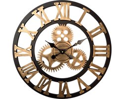 HSXL Wandklok Industrieel - 60 cm - Stil Quartz uurwerk - Zwart / Goud Hout - Zwarte Wijzers - Romeinse Cijfers