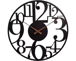 HSXL Wandklok Industrieel - 60 cm - Stil Quartz uurwerk - Zwart Metaal - Houten Wijzers - Grote Cijfers