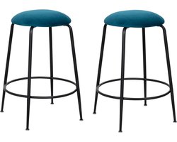 HTfurniture-blauwgroene Barkrukjes set van 2 - Fluweel barkruk - ijzere poeten zwart - Modern