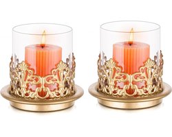 HTML content - Gouden kaarsenhouders - Pilaarkaarsen - Shabby Chic Kandelaars - Vintage Hurricane Glazen Kaarsenhouder - Antiek voor Schoorsteenmantel - Bruiloft Feest Tafel Centrepiece - Thuis Ornamenten - 2 stuks vloerkandelaar