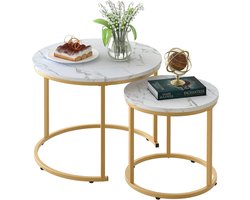 Huhote Set of 2 Side Tables, Round Modern Coffee Tables for Living Room, Bedroom, White Marble Effect, Gold Frame - ShopVlot