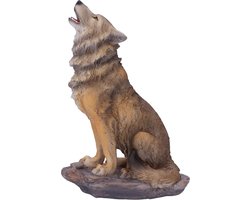 Huilende Wolf Figuur - Dierenbeeld - Decoratief - Handgeschilderd - 20 cm - Bruin
