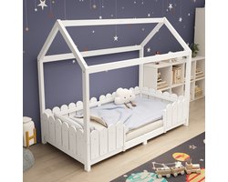 Huisbed 90 x 200 cm wit - Valbeveiliging - Inclusief Lattenbodem - matras van 90 x 200 - 120 kg draagkracht - voor slaapkamer - massief vurenhout