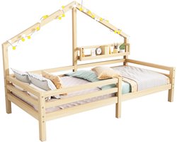 Huisbed 90x200 cm - kinderbed met boekenplank en veiligheidshek - Scandinavisch bedhuisje van grenenhout - naturel - Massif hout