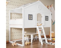 Huisbed 90x200 cm - Met Trap, Valbeveiliging, 2 Grijze Ramen, Vrije Inrichting - Van Grenen en MDF, Wit+Grijs