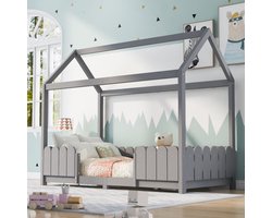 Huisbed 90x200 cm - veelzijdig houten kinderbed voor jongens & meisjes - met uitvalbeveiliging en lattenbodem - grijs (zonder matras)