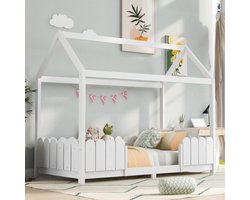 Huisbed 90x200 cm - veelzijdig houten kinderbed voor jongens & meisjes - met uitvalbeveiliging en lattenbodem - wit (zonder matras)
