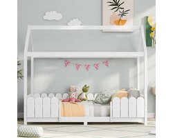 Huisbed 90x200 cm-Veelzijdig Houten Kinderbed voor Jongens & Meisjes-Met Valbeveiliging en Lattenbodem-Wit (Zonder Matras)