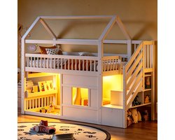 Huisbed 90x200 cm - Wit Houten Hoogslaper Met Trap, LED Verlichting En Opbergruimte