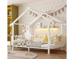 Huisbed 90x200 cm - Wit Metalen Kinderbed met Dakframe, Veiligheidsrek en Decoratief Bedhuisje voor Kinderkamer