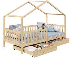 Huisbed ELEA, 90 x 200 cm, van massief grenenhout met lades - naturel