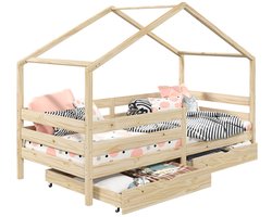 Huisbed ENA 90 x 200 cm met valbeveiliging en twee lades - naturel