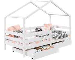 Huisbed ENA 90 x 200 cm met valbeveiliging en twee lades - Wit