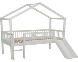 Huisbed Forrest - 90 x 200cm - met glijbaan - massief beukenhout - wit - Vipack - Kinderbedden met uitvalbeveiliging - Wit - Hout - Kinderbedden met uitvalbeveiliging - Eenpersoons - Halfhoogslaper