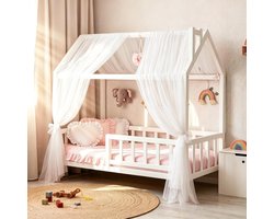 Huisbed Hemelgordijnen Set van 2 - Tule Bedhemel voor Kinderbed, Decoratie en Hemel voor Meisjes en Jongens, 150 x 350 cm (Wit)