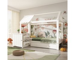 Huisbed kinderbed 90x200 cm van massief hout met lades en afneembaar nachtkastje - vloerbed in wit - zonder matras