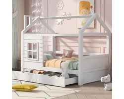Huisbed Kinderbed 90x200 met Uitvalbeveiliging - Wit Massief Houtbed voor Jongens & Meisjes, Met Lattenbodem & Opberglades