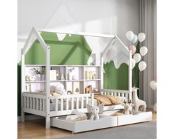 Huisbed Kinderbed met multifunctionele boekenplank, opbergrek, kast, opbergrek en twee grote lades met opbergruimte en schoorsteenvorm 90x200 Wit