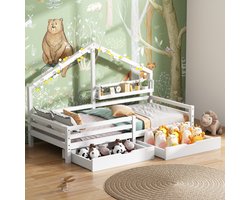 Huisbed kinderbed met opbergplank en twee grote lades met opbergruimte en schoorsteenvorm 90x200 wit