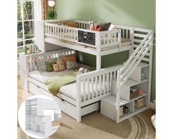 Huisbed, kinderbed, stapelbed tweepersoonsbed, met graffitibord, multifunctioneel kinderbed, met trap en opbergkasten, met laden, zonder matras 140*200cm & 90*200cm, wit