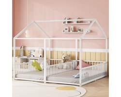 Huisbed Kinderen 180x200 cm - 2-in-1 Grondbed met Valbeveiliging - Metalen Stapelbed voor 2 Kinderen