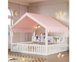 Huisbed – Ledverlichting – 140 x 200 cm – Hout – Wit – Inclusief Boekenrek, Veiligheidshekje en Bedtent