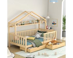 Huisbed met lades - Scandinavisch design voor kinderkamer - 90x200 cm - Natuur - Veiligheidshek rondom - Opbergplank aan hoofdeinde - 2 laden