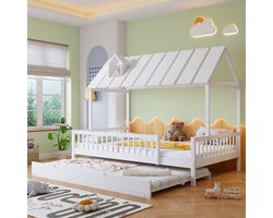 Huisbed met onderschuifbed, dak met schoorsteenstrook, kinderbed, jeugdbed, met 3-zijdig rooster, grenen + MDF, wit, 120x200/190cm