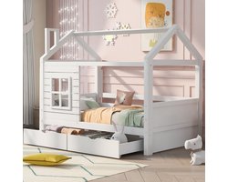 Huisbed met valbeveiliging en raam - Voor peuter en kleuter 90x200 cm - Wit - Massief grenen - Inclusief 2 opberglades en lattenbodem - 150 kg draagvermogen