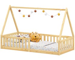 Huisbed NICOLAS 90 x 200 cm naturel - bodembedekkend kinderbed incl. bescherming tegen uitval aan beide zijden, Montessoribed van massief hout - Hoofdafbeelding