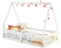 Huisbed TAMI in huisvorm, 70 x 140 cm, wit, grenen kinderbed met uitvalbescherming, ideaal om te slapen en te spelen, vloerbed, laag bij de grond - hoofdafbeelding