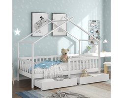 Huisbedden voor kinderen - groot bed met dak en hek - houten bedframe voor kinderen, tieners, meisjes en jongens - eenvoudige montage Volledig bed op de grond met 2 laden - wit (200x90 cm)