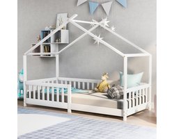 Huisbedden voor kinderen - groot bed met dak en hek - houten bedframe voor kinderen tieners meisjes en jongens - eenvoudige montage Volledig bed op de grond wit 90x200cm